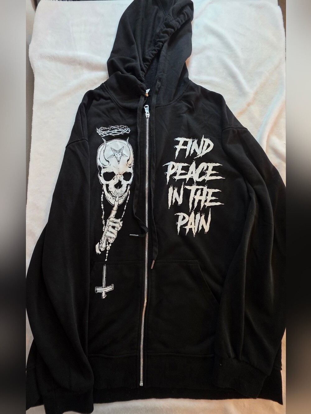 ChicYea Find Peace In The Pain Graphic Zip-Up Hoodie Black 2XL